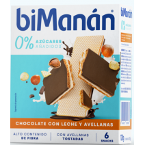 BIMANAN SNACK BARQUILLO 0% AZUCARES AÑADIDOS 6 UNIDADES 20 G SABOR CHOCOLATE CON LECHE Y AVELLANAS T