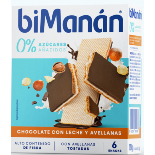 BIMANAN SNACK BARQUILLO 0% AZUCARES AÑADIDOS 6 UNIDADES 20 G SABOR CHOCOLATE CON LECHE Y AVELLANAS T