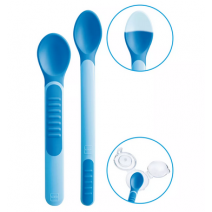 CUCHARA CON PUNTAS SENSIBLES AL CALOR MAM HEAT SENSITIVE SPOON & COVER 2 UNIDADES COLOR AZUL